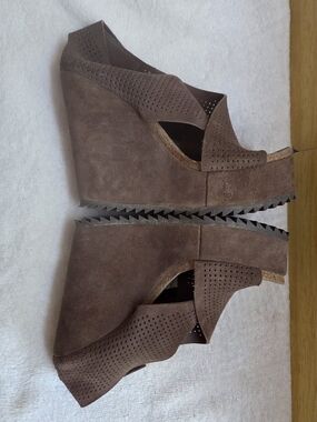 Pedro Garcia Brown Suede Perforated Wedge Sandals